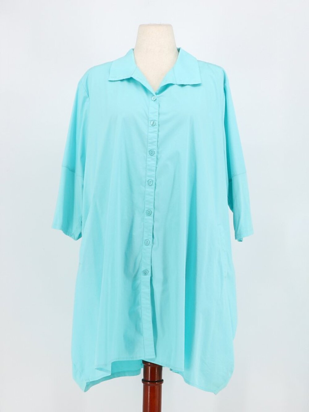 STELLA CARAKASI Mix Media Button Front Tunic Top in Aqua Blue Size XL